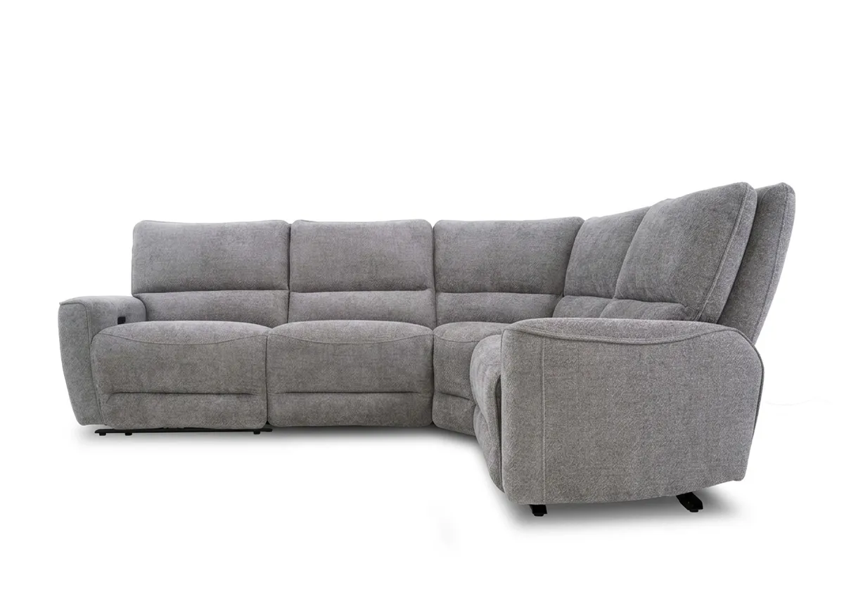 A grey fabric medium modular corner sofa from EZ Livings Ashbrook range. Side view