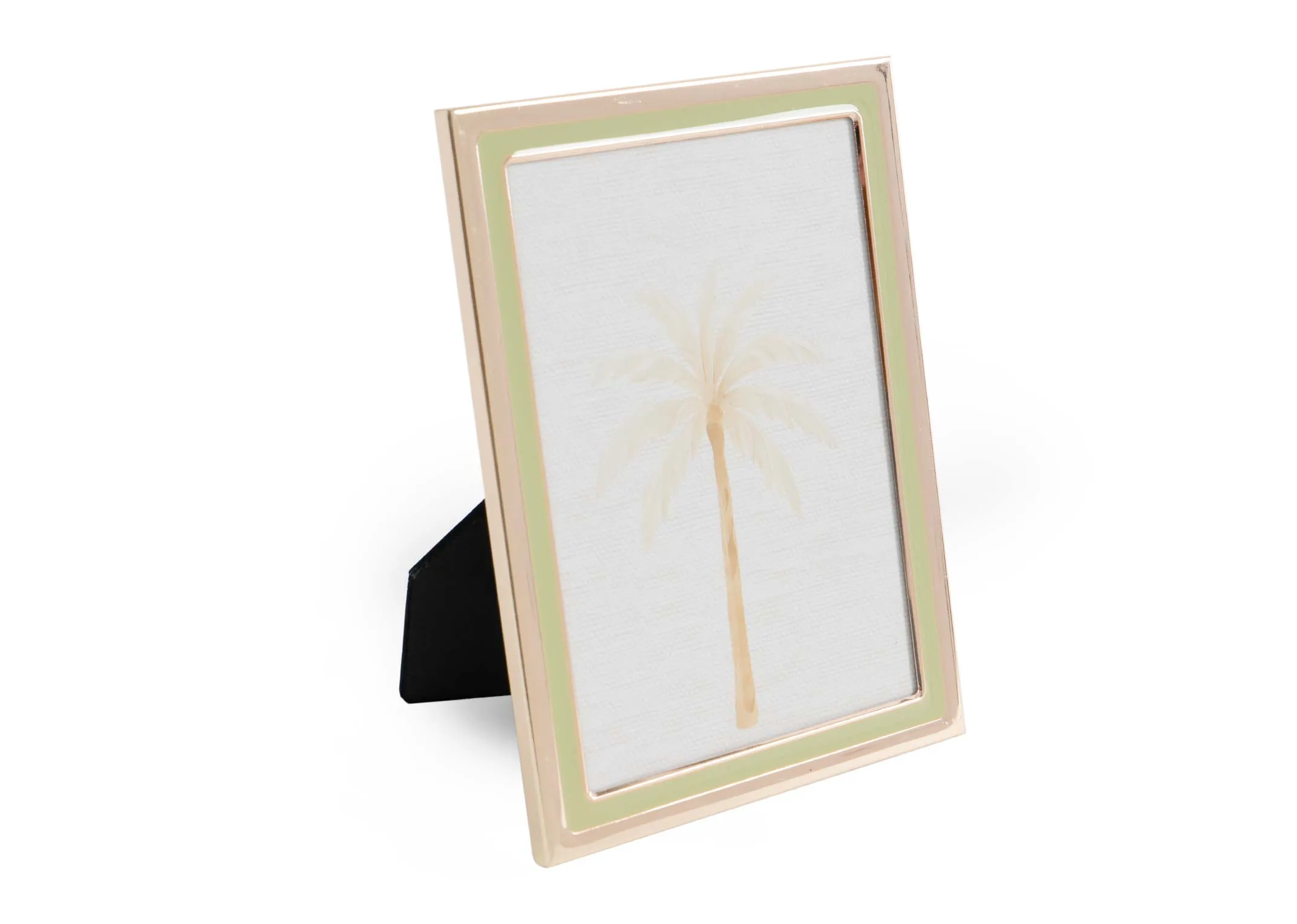 A gold and green photo frame from EZ Livings Palm range. Angled view of frame with stand.