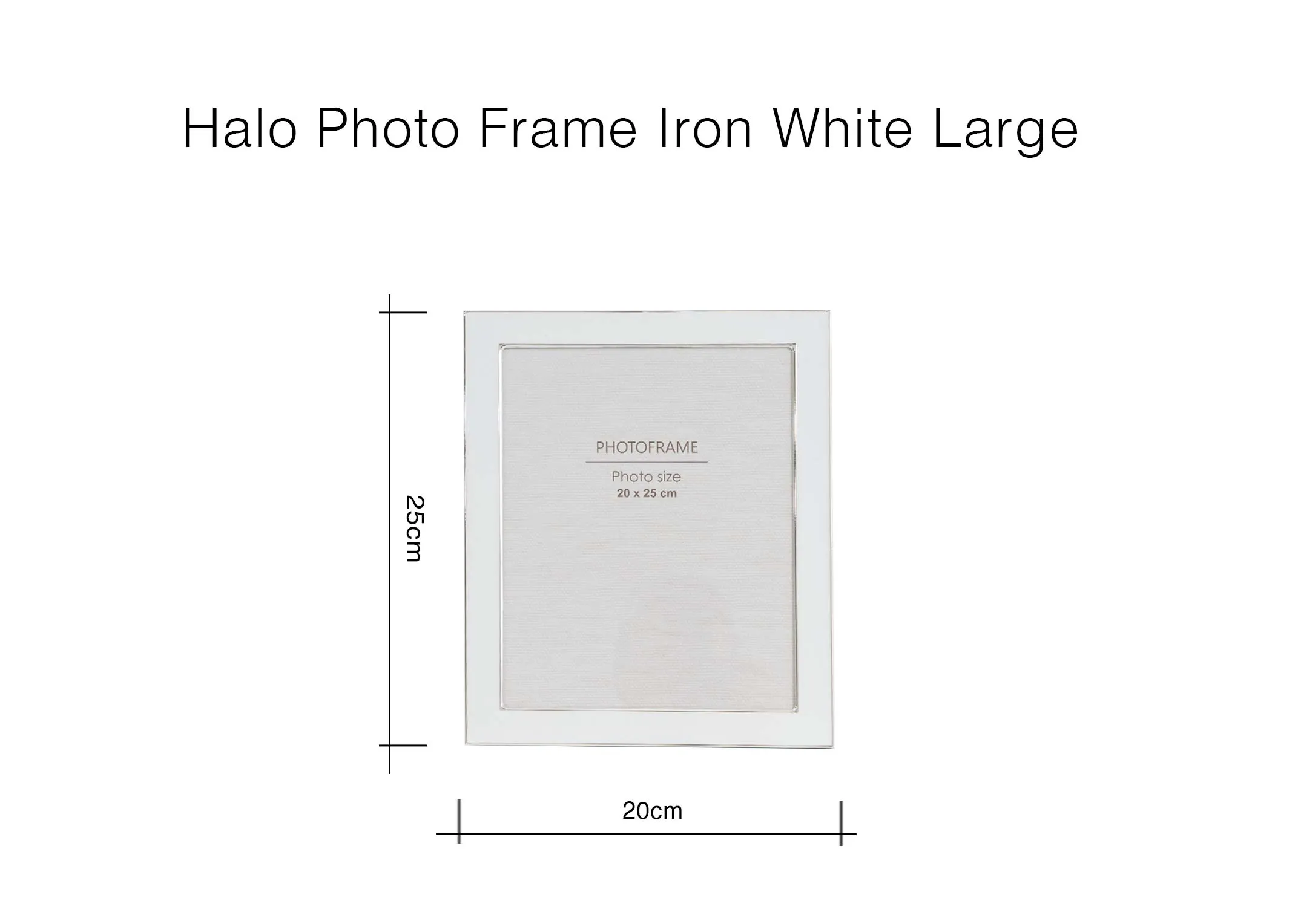 A dimension image of the Halo white photo frame with 20cm x 25cm
