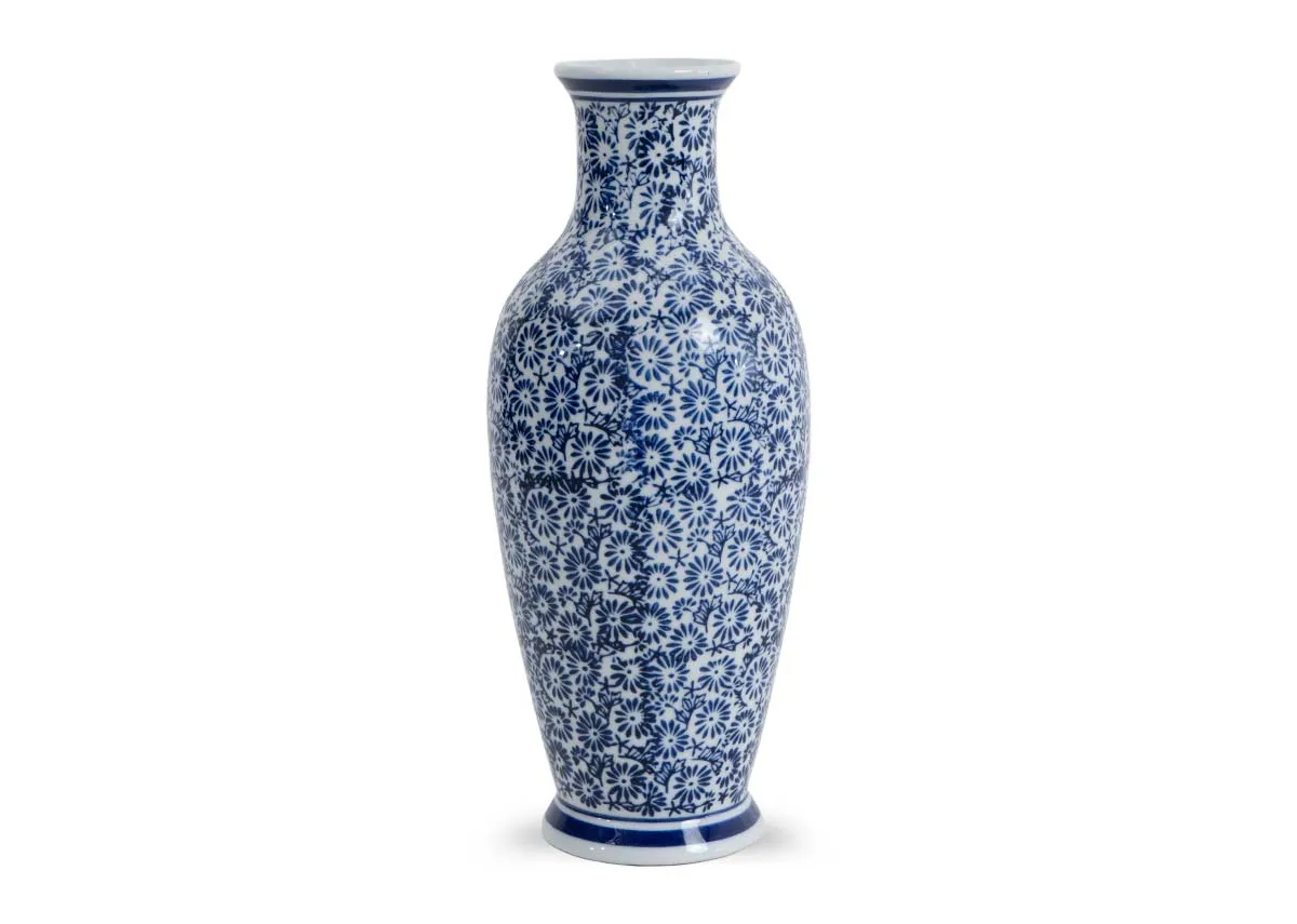 A blue and white vase fromEZ Livings Mist range. Front view of classic floral vase.