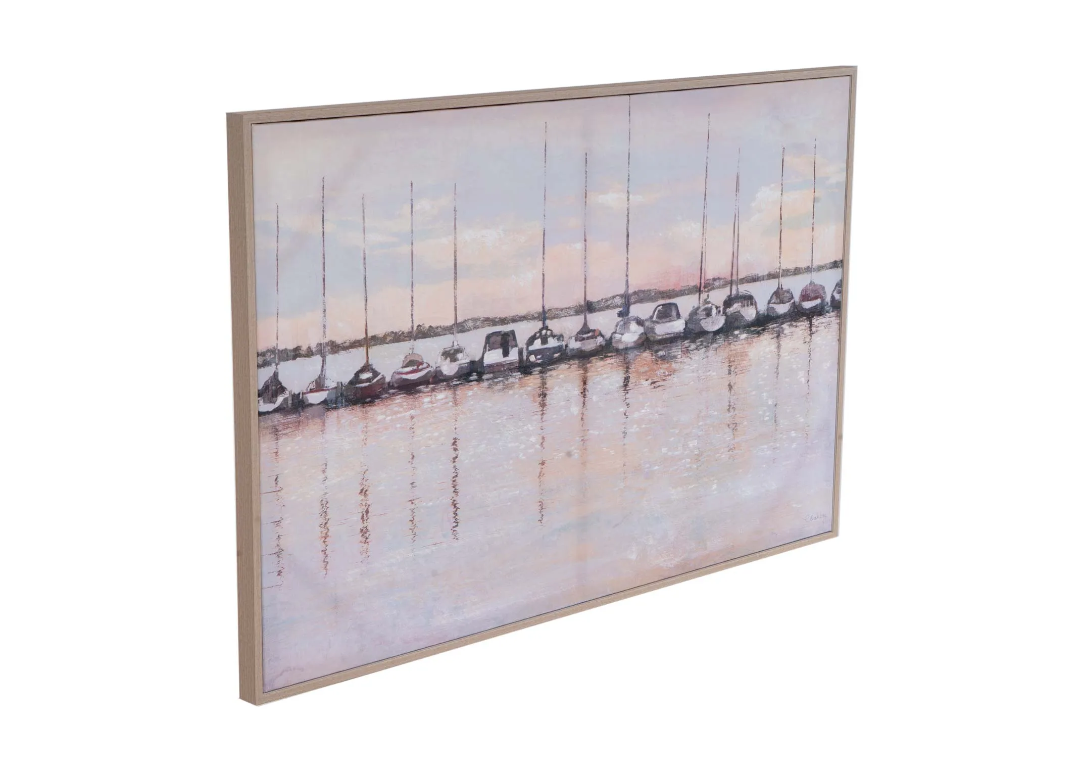 A framed canvas of a Marina seeting at Dawn with boats lined up in still water. Angled view shows light brown frame