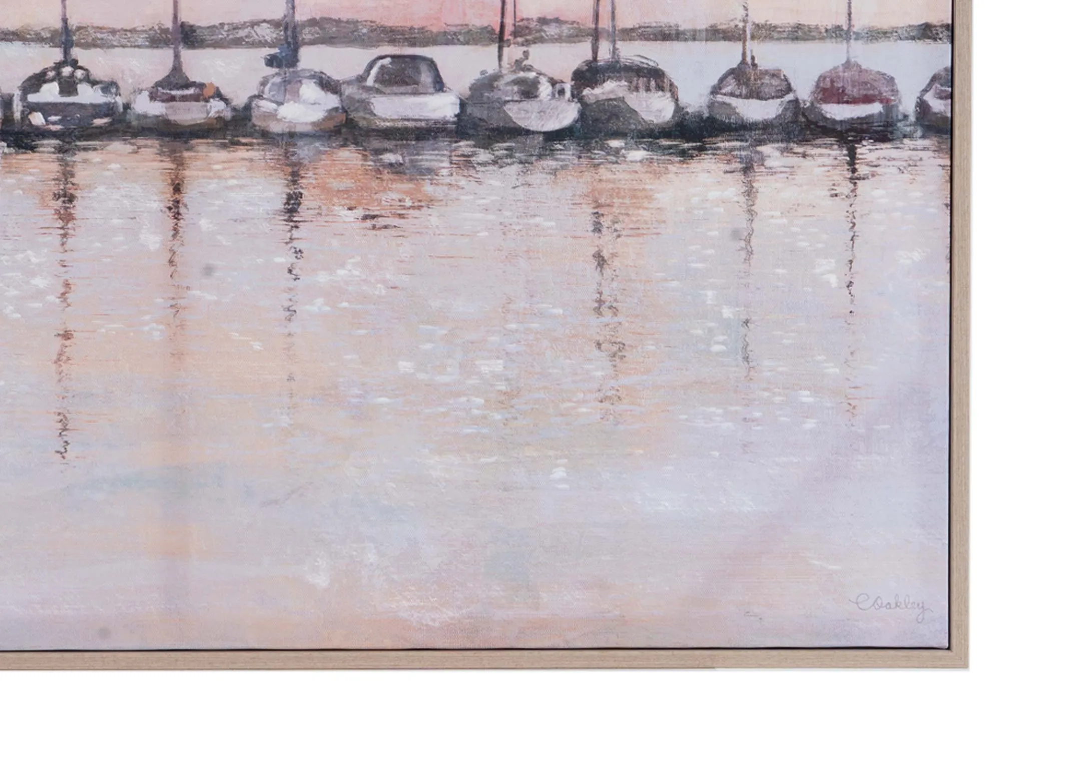 A framed canvas of a Marina seeting at Dawn with boats. Closeup shows artist COakley signature