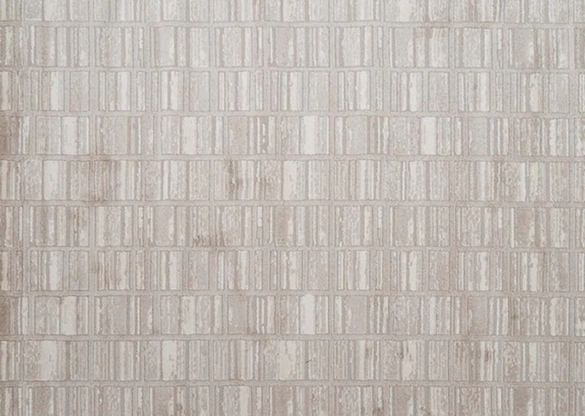 A beige and taupe distressed rug from EZ Livings Sable range. Front view with closeup on texture