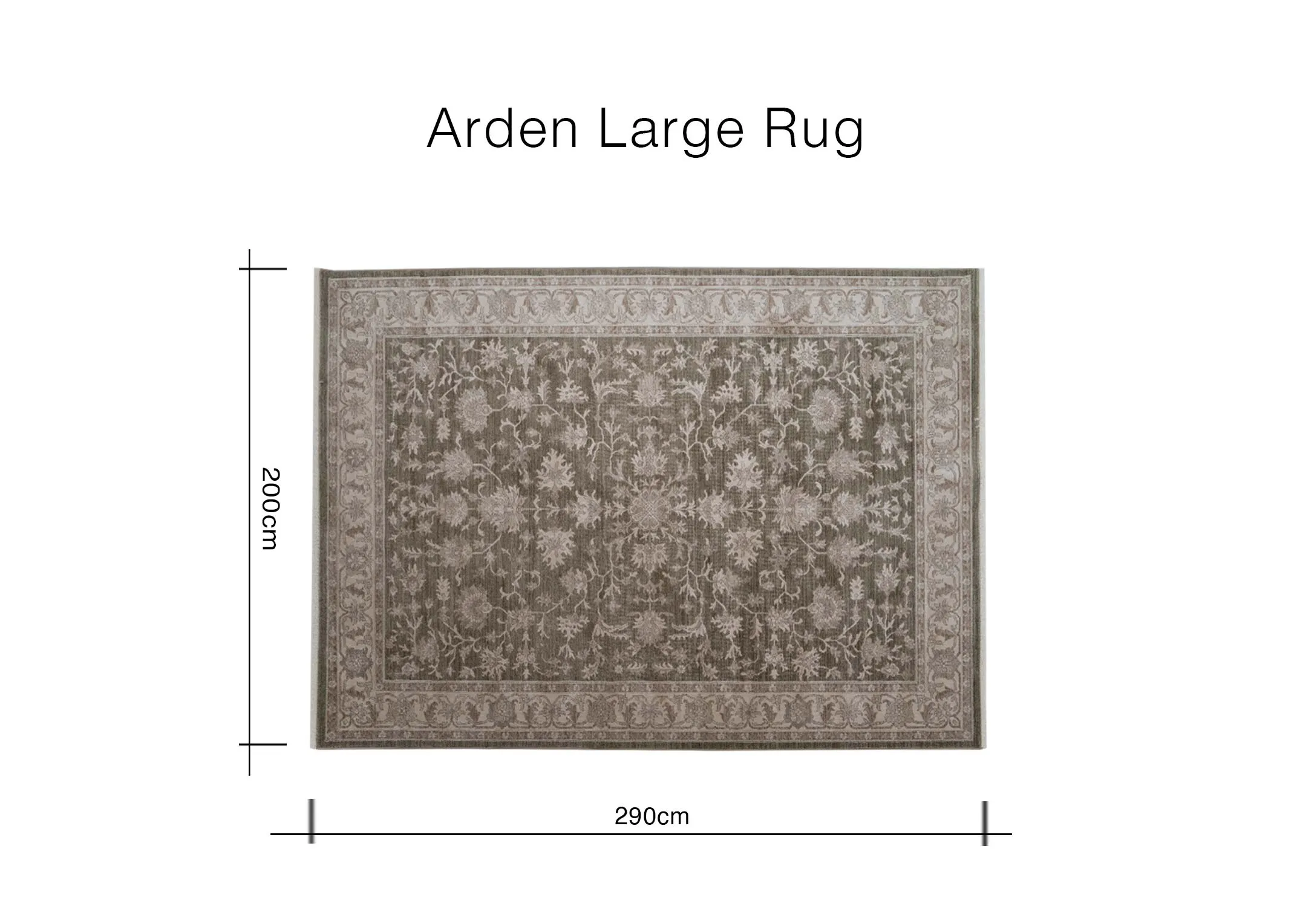 A dimension image of the Arden rug with 290cm x 200cm