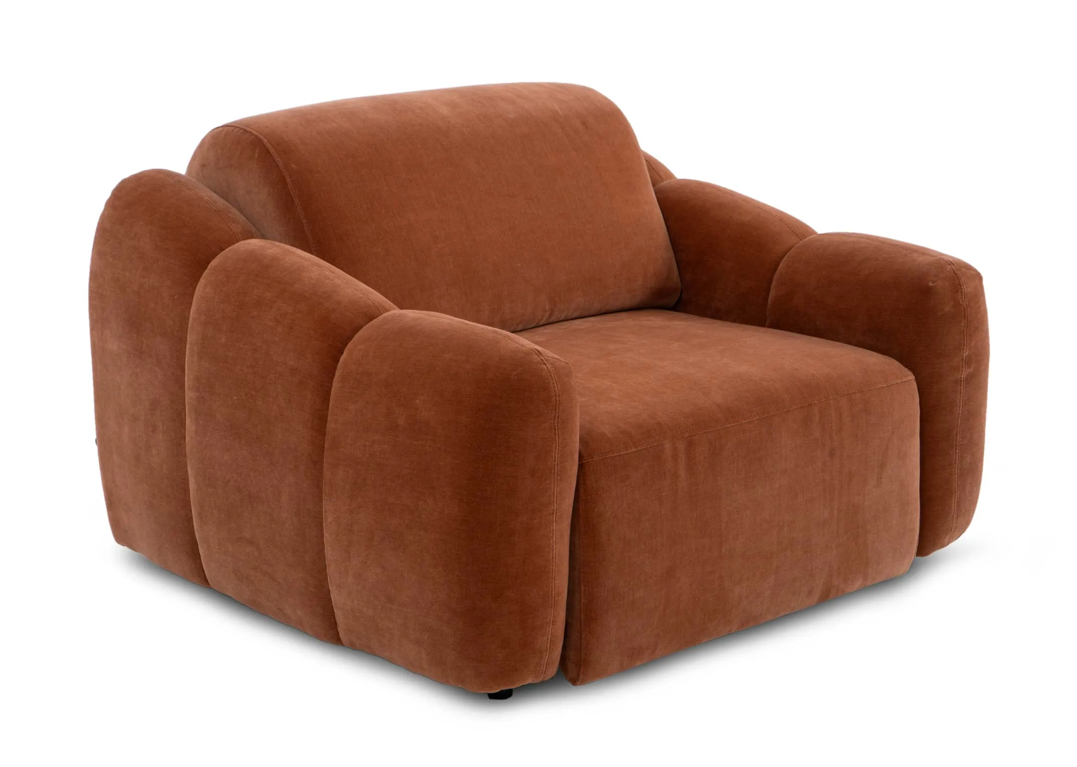 A rust orange armchair from EZ Livings Eleanor range. Angled view