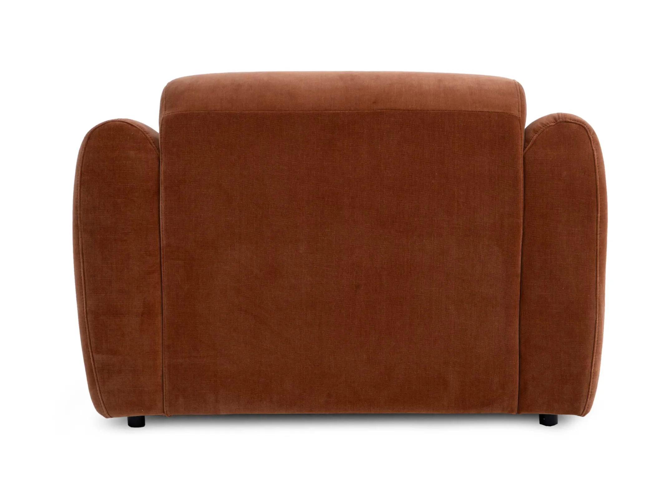 A rust orange armchair from EZ Livings Eleanor range. Back view of upholstery finish