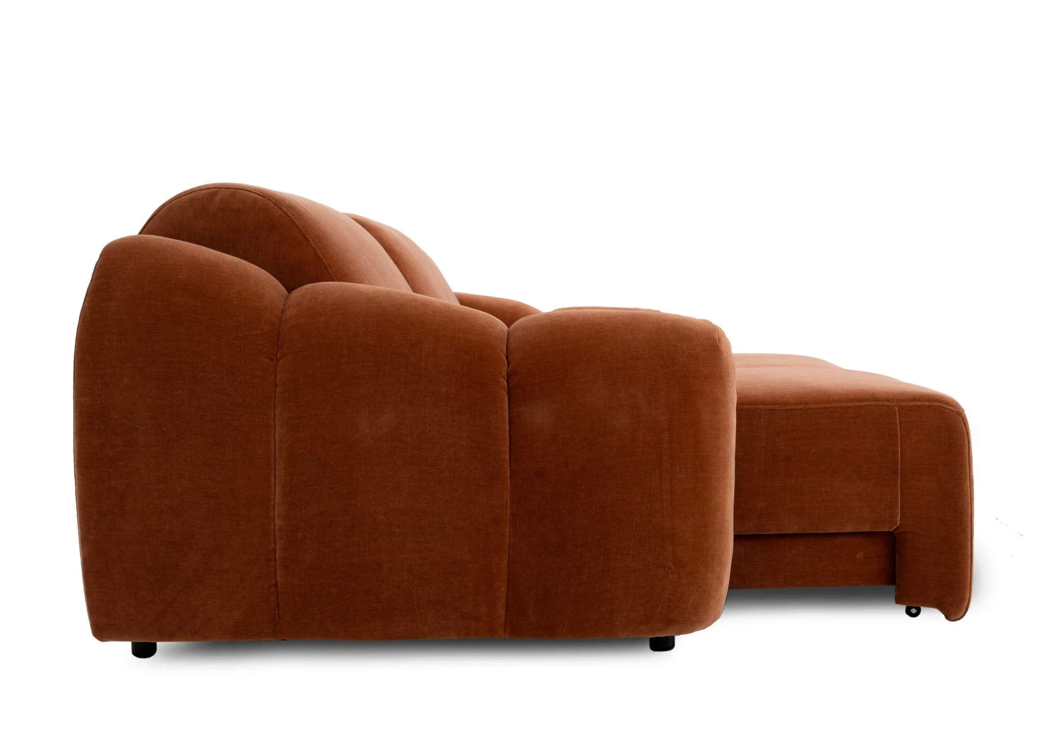 A rust orange 2 seater sofa from EZ Livings Eleanor range. Side view of sofa in reclined mode