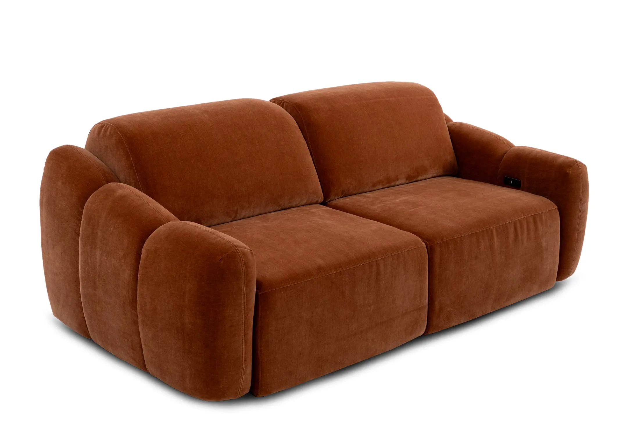 A rust orange 2 seater sofa from EZ Livings Eleanor range. Angled view of tufted detail on sides as a fixed sofa.