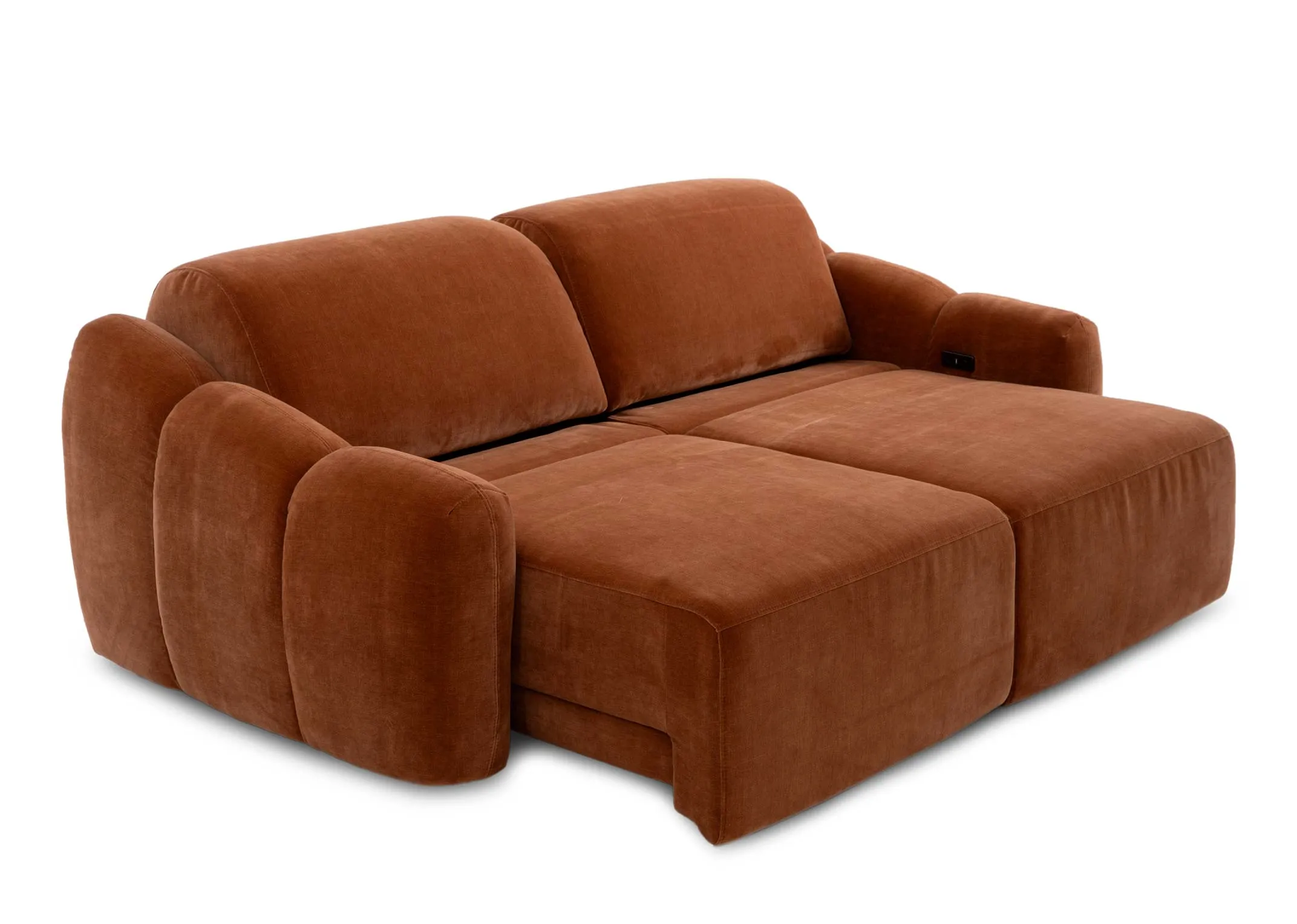 A rust orange 2 seater sofa from EZ Livings Eleanor range. Angled view of 2 sides reclined as a chaise