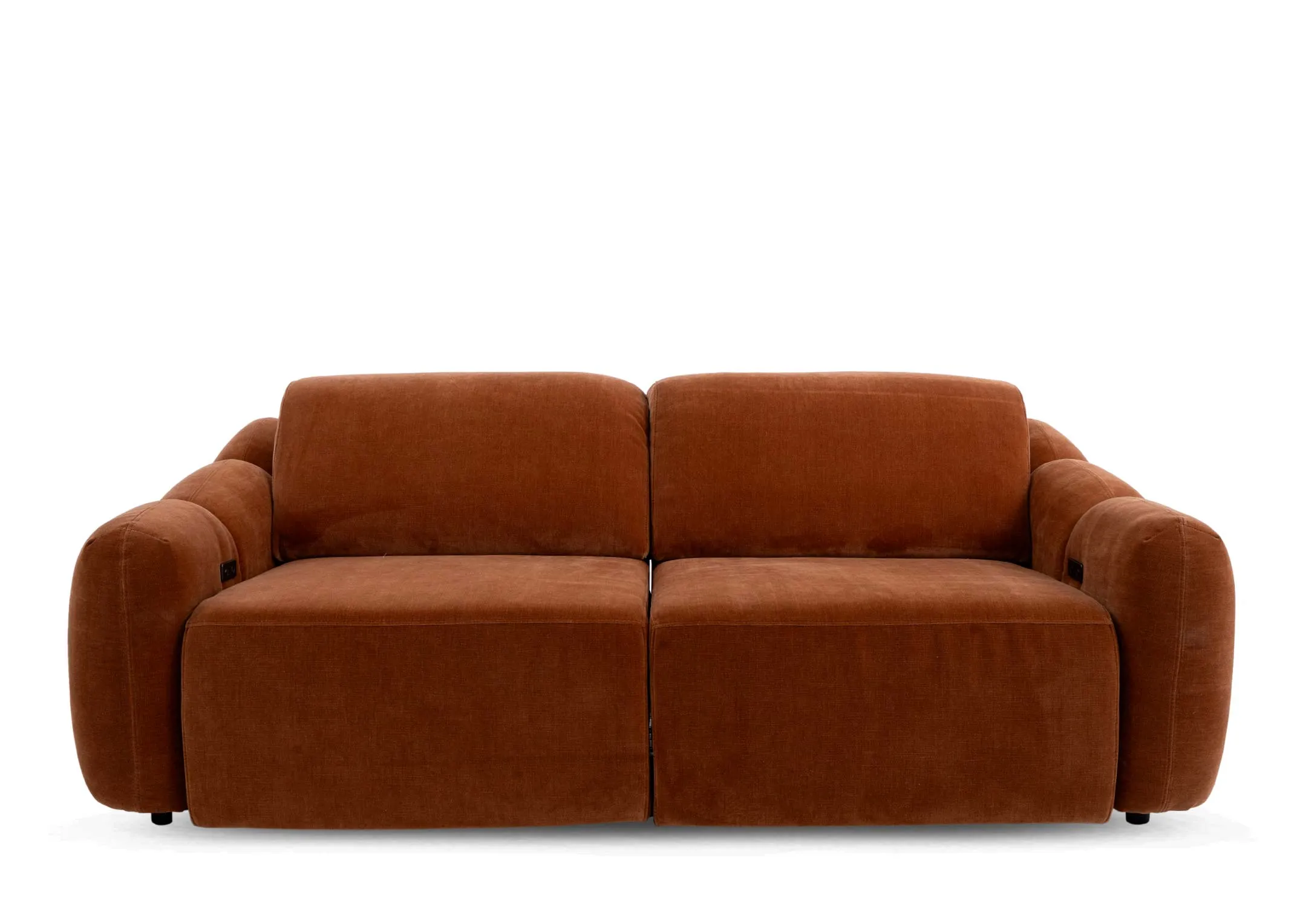 A rust orange 2 seater sofa from EZ Livings Eleanor range. Front view of sofa as a chiase