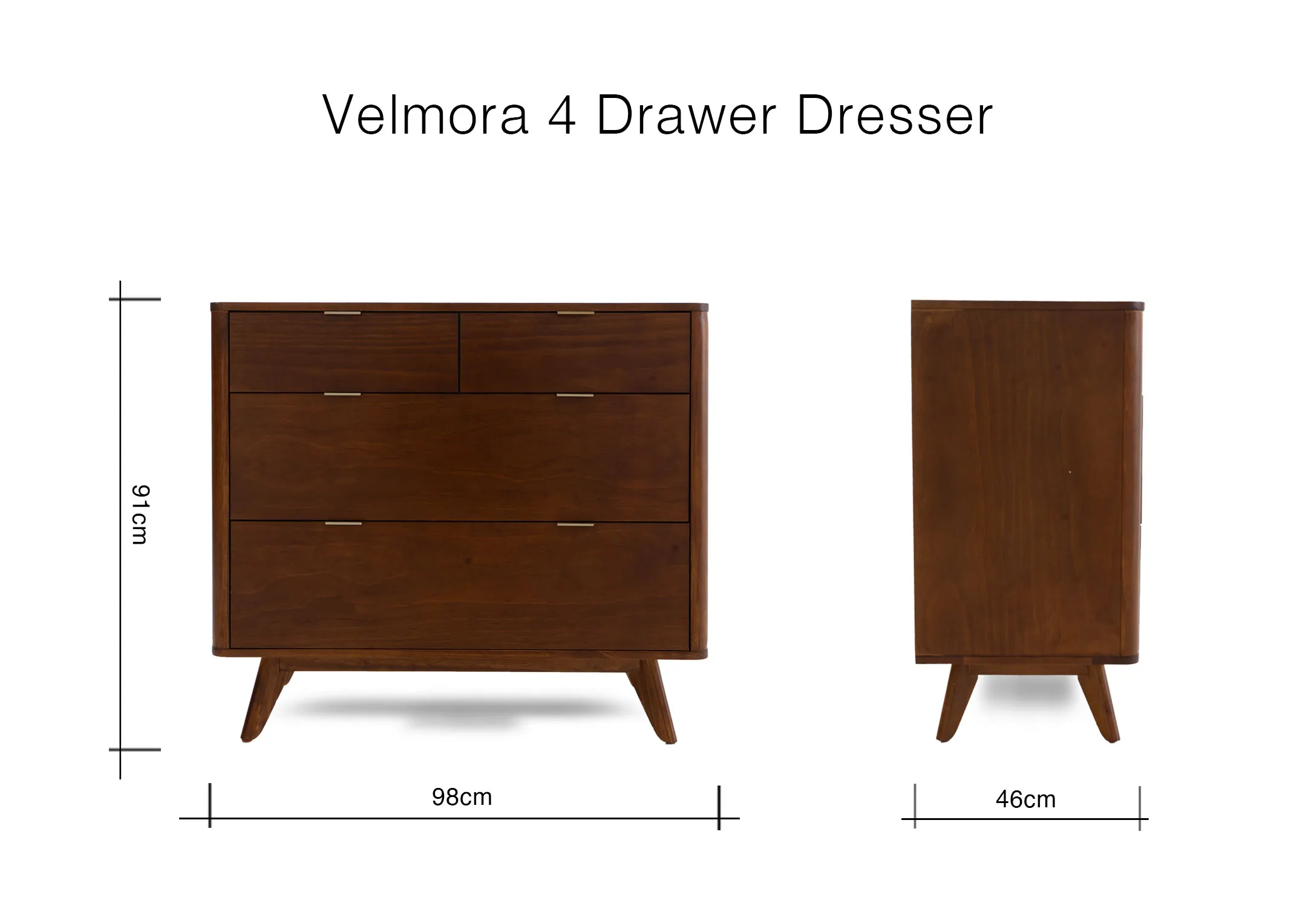 A dimension image of the Velmora chest with 98cm x 46cm x 91cm