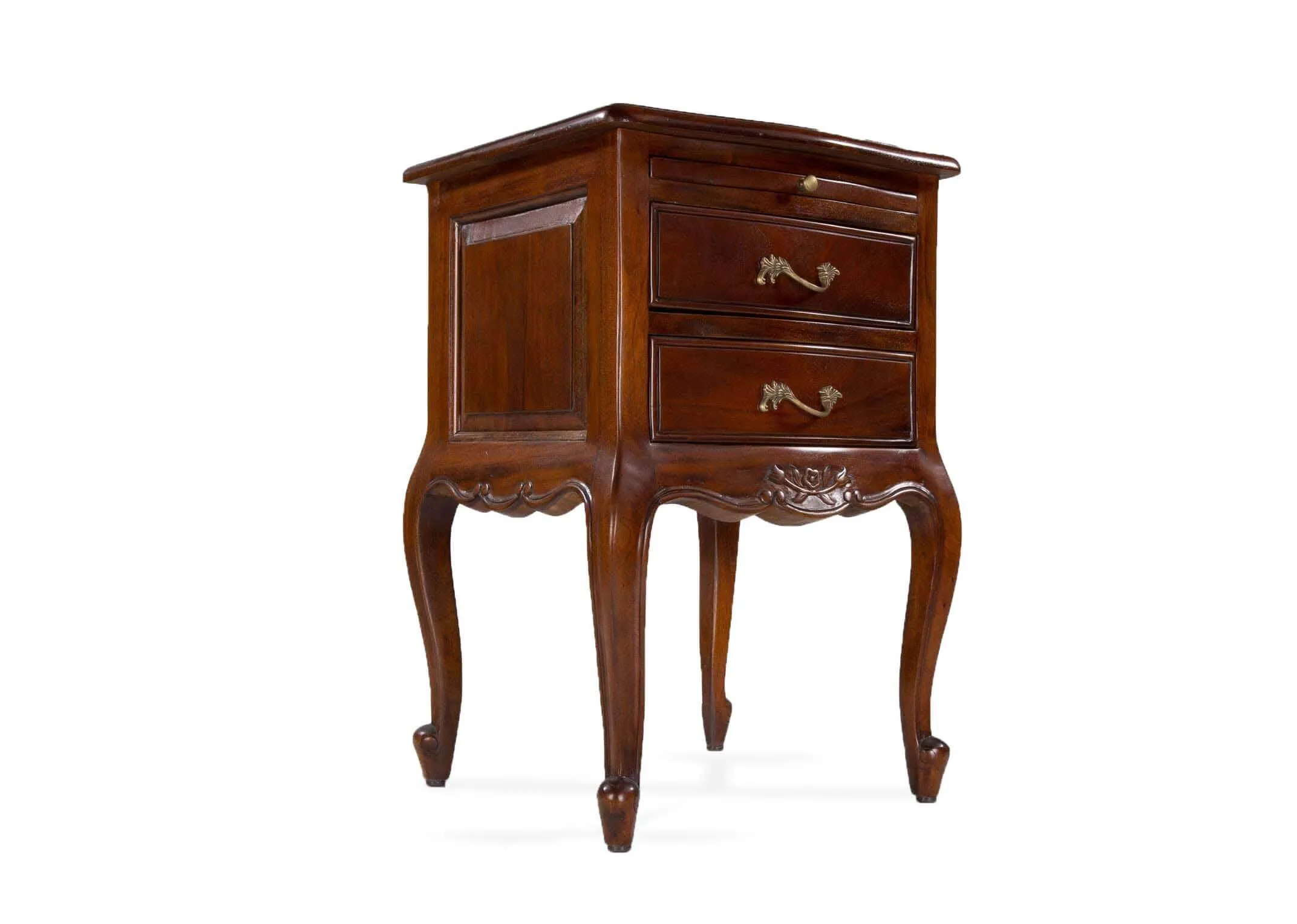 A power shot view of the Lyon 2 drawer mahogany bedside locker.