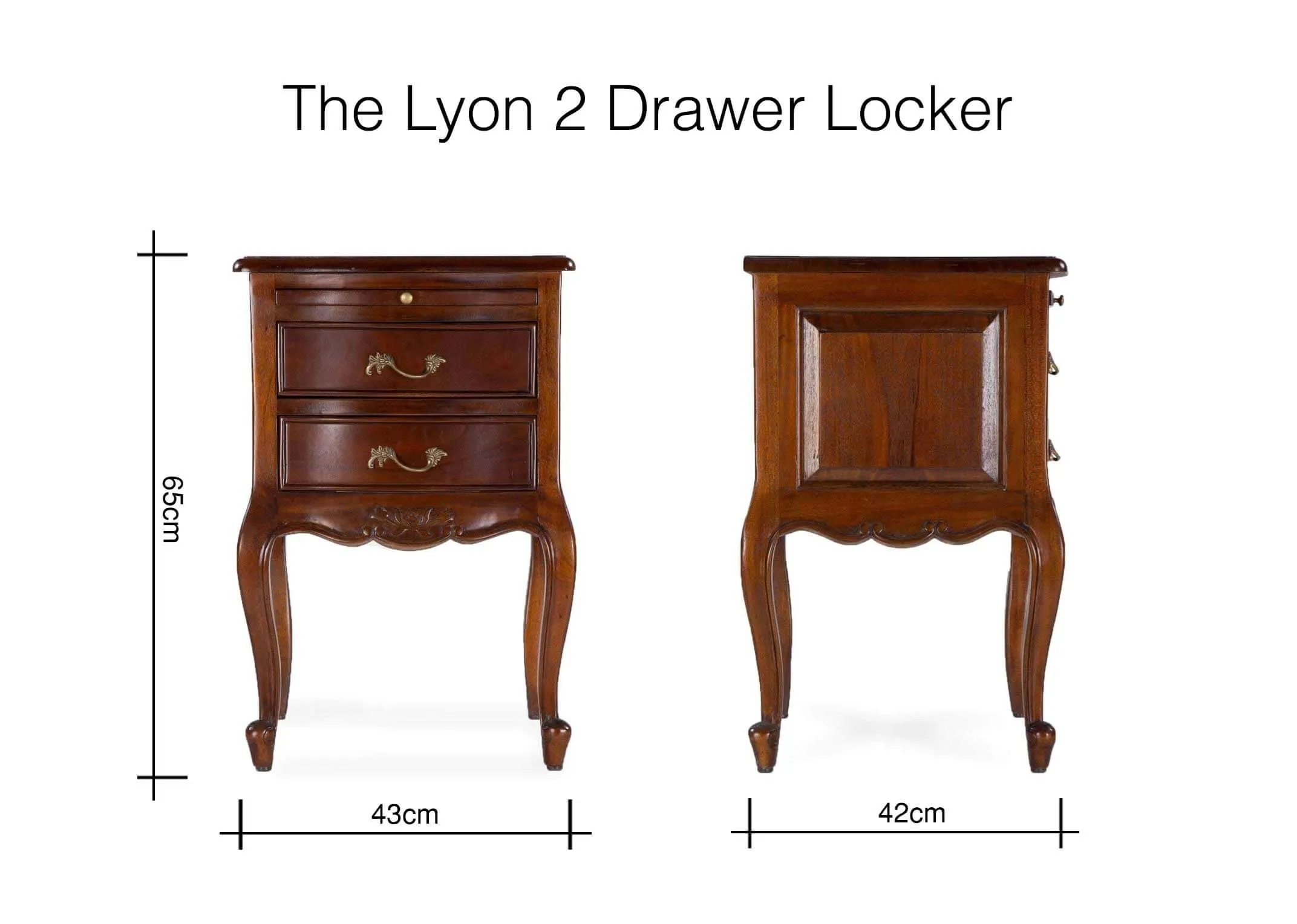A dimension image for the Lyon 2 drawer mahogany bedside locker 65cm (Height) x 43cm (Width) x 42cm (Depth)