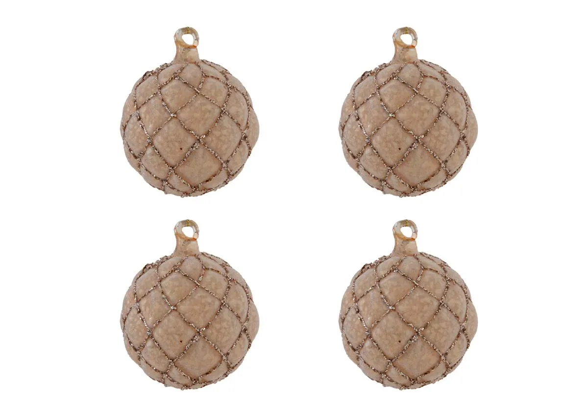 A set of 4 brown baubles with brown glitter quilted deisgn from EZ Livings Christmas range. Front veiw of 4 baubles in set.