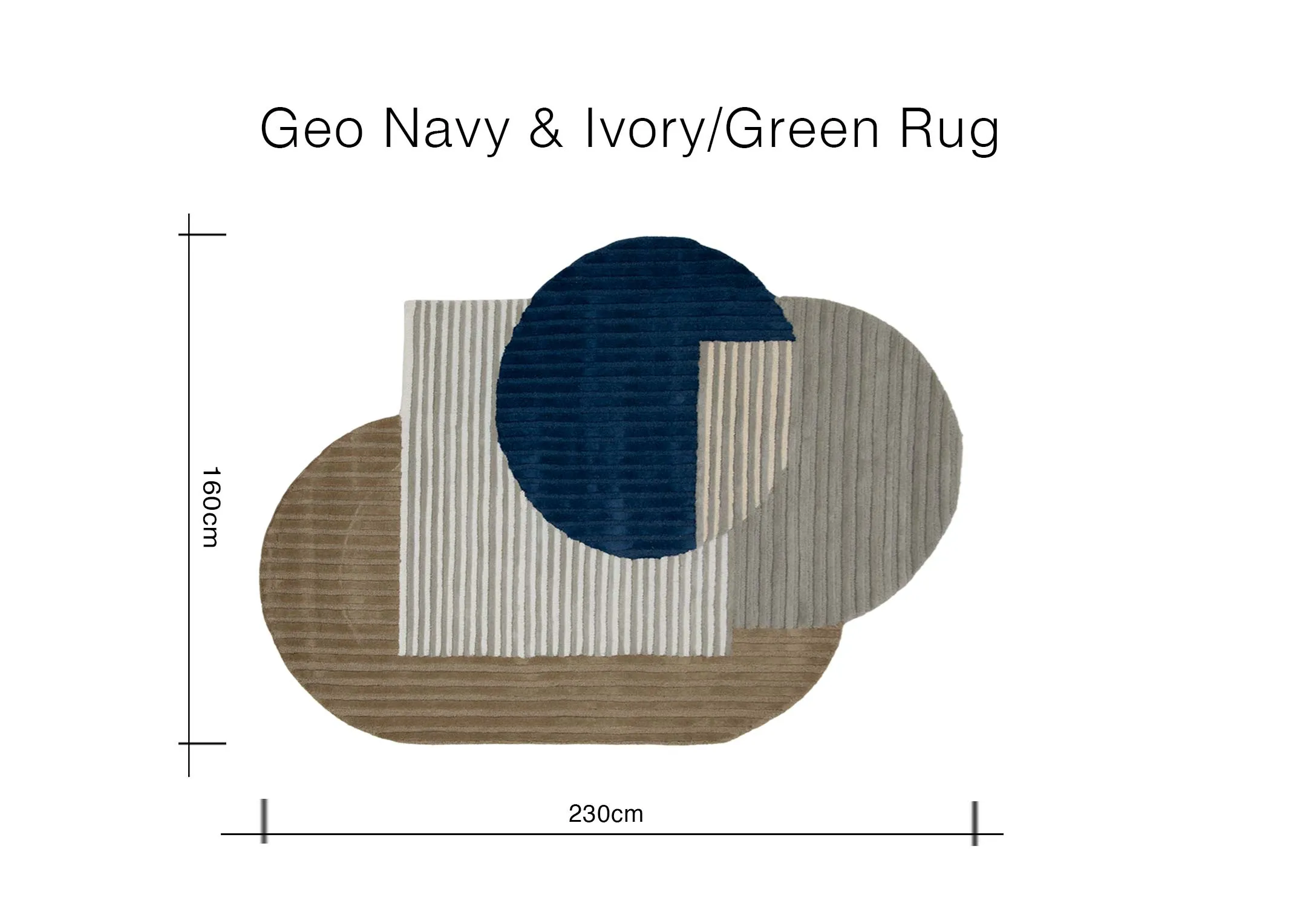 A dimension image of the Geo Navy and Green Rug with 230cm x 160cm