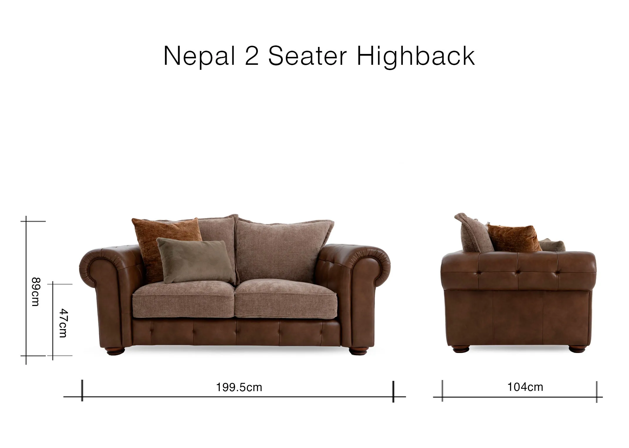A dimension image of the Nepal 2 Seater sofa with 199.5cm x 89cm x 104cm