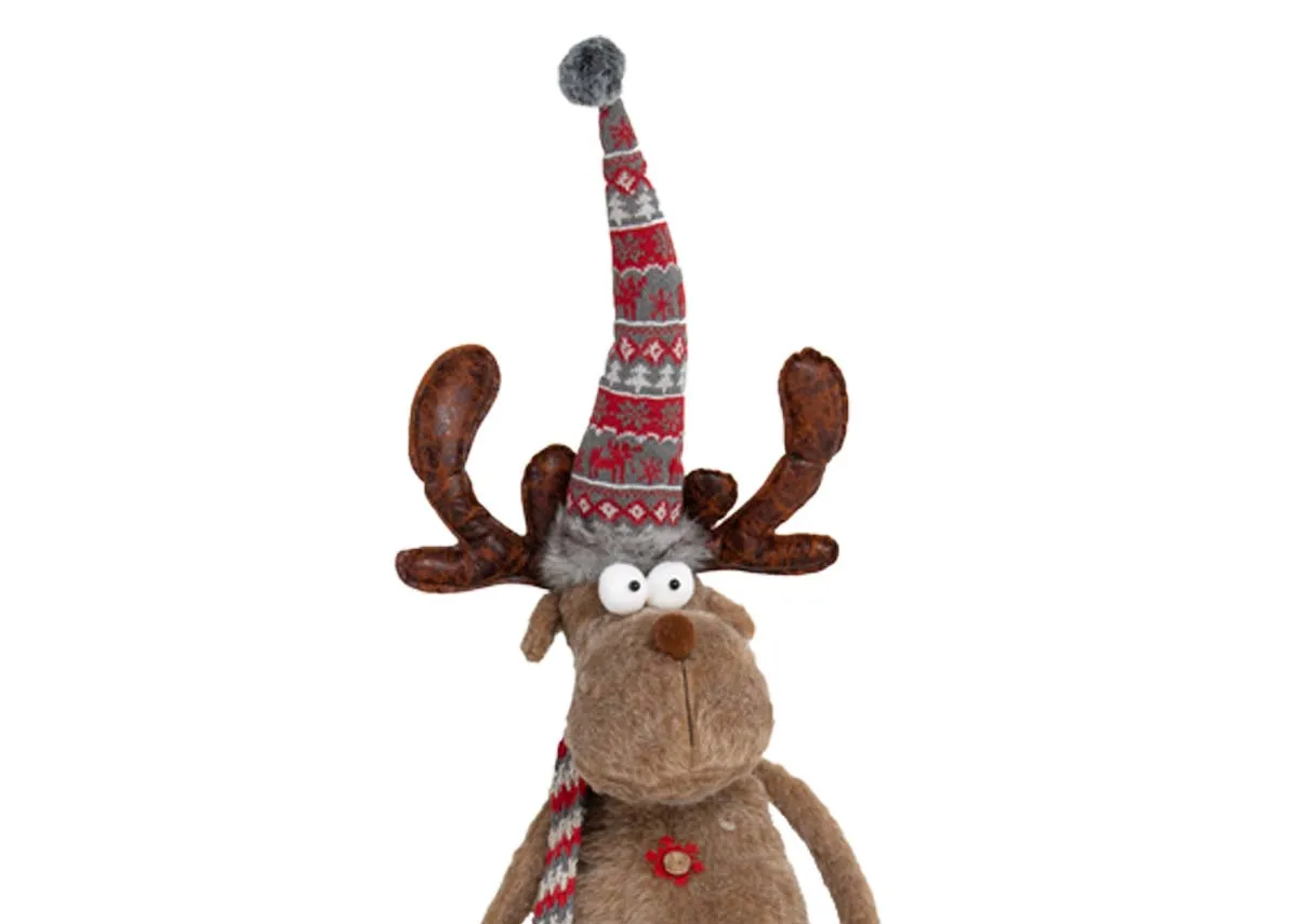 A soft brown reindeer with telescopic legs from EZ Livings Noel range. Closeup of reindeers head with scandi print red & grey wool hat.