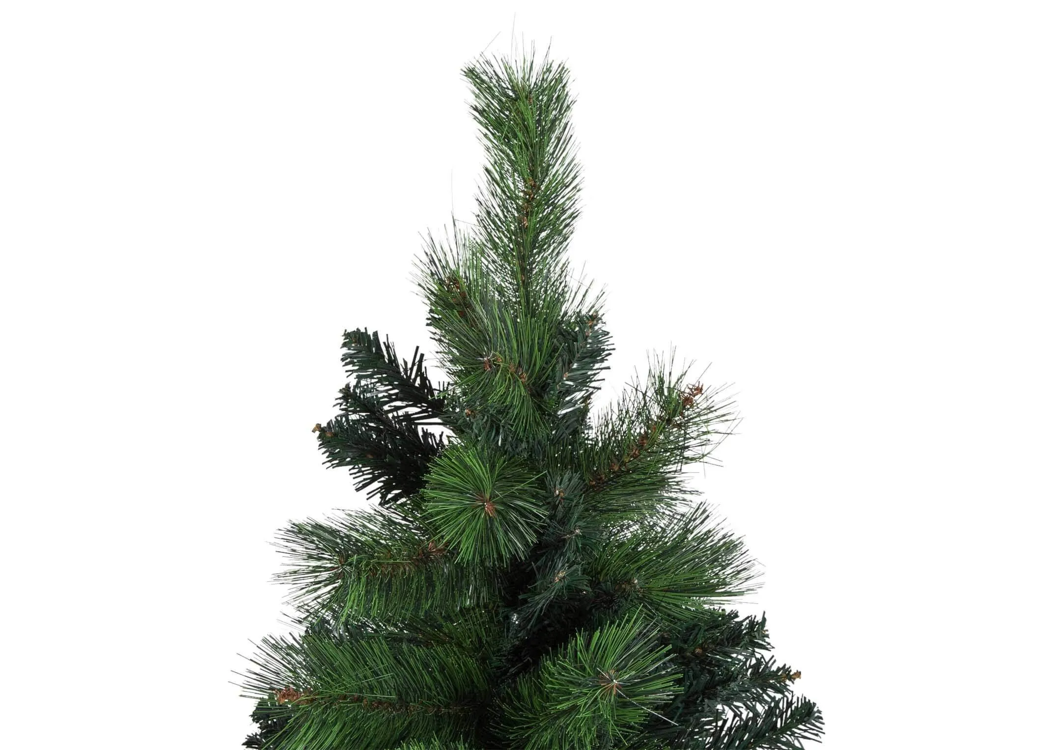 A close up of the top of the 180cm pine Christmas tree highlighting the green faux needles.