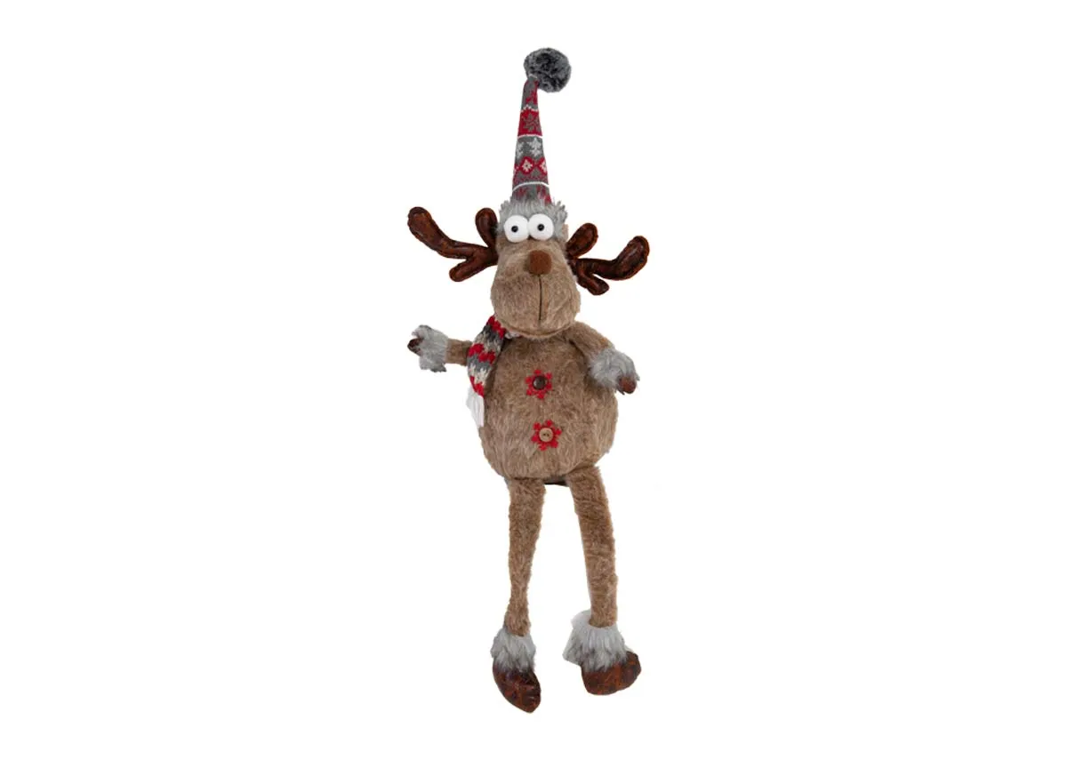 A brown furry reindeer with aztec hat and scarf from EZ Livings Jingle. Front view.