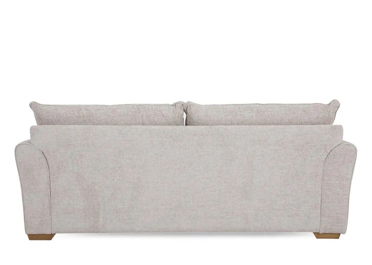 A 3 seater beige fabric sofa from EZ Livings Skyline range. Back view of warrantied frame