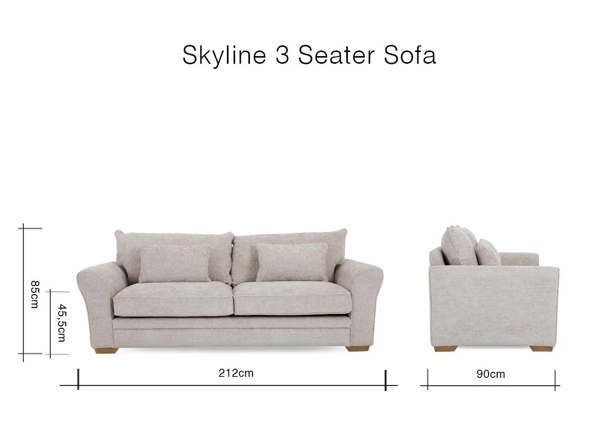 A dimension image of the Skyline 3 Seater sofa with 212cm x 90cm x 85cm