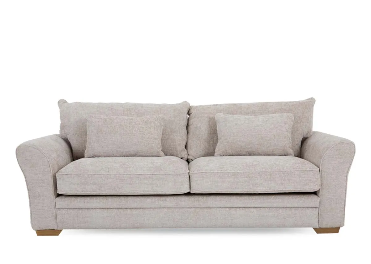A 3 seater beige fabric sofa from EZ Livings Skyline range. Front view