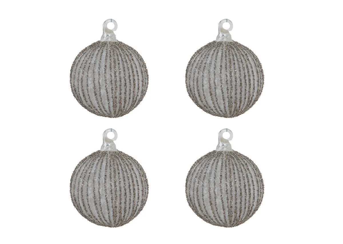 A set of 4 silver grey baubles from EZ Livings Christmas range. Front view of 4 baubles.