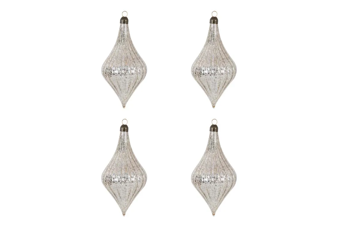 A set of 4 silver drop baubles from EZ Livings Christmas range. Front view of Blue Christmas set of 4.