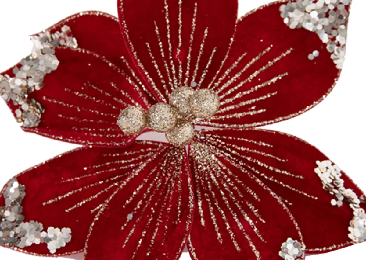 A bright red flower with gold sequin trim on petals from EZ Livings Christmas range. Closeup of pearly beads in centre