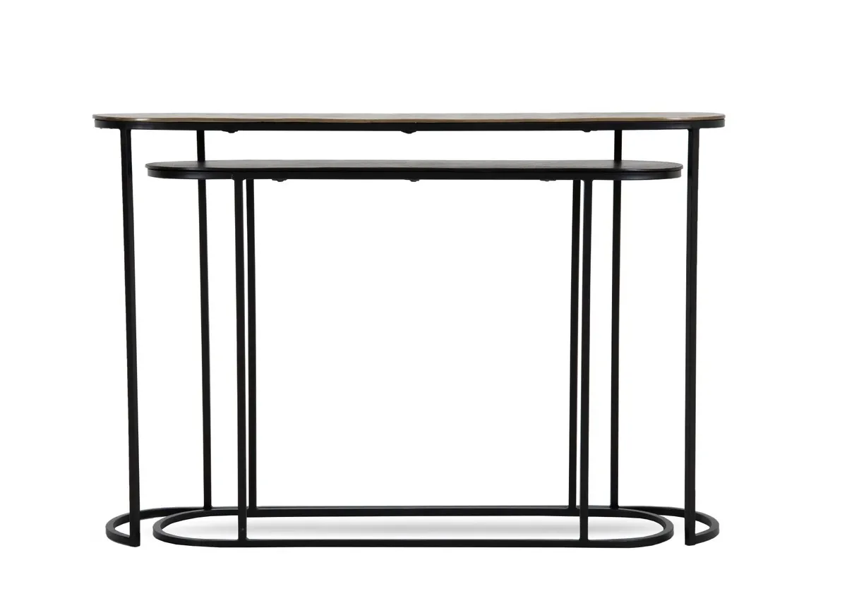 A dimension image of the Budi Nest of Tables with 100-118cm x 28cm x 60cm-70cm