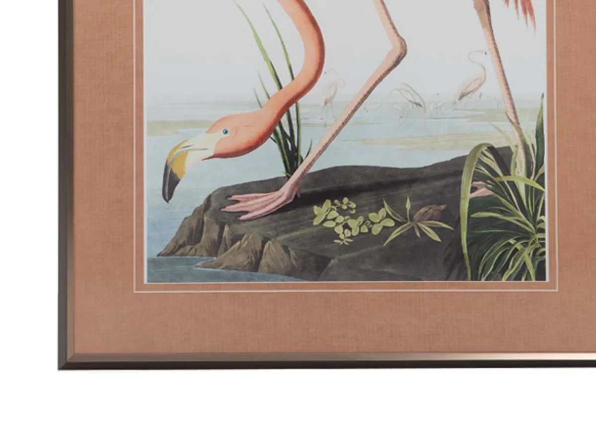 A pink framed print of a vintage flamingo by the water from EZ Livings Flamingo range. Closeup of brown gold frame