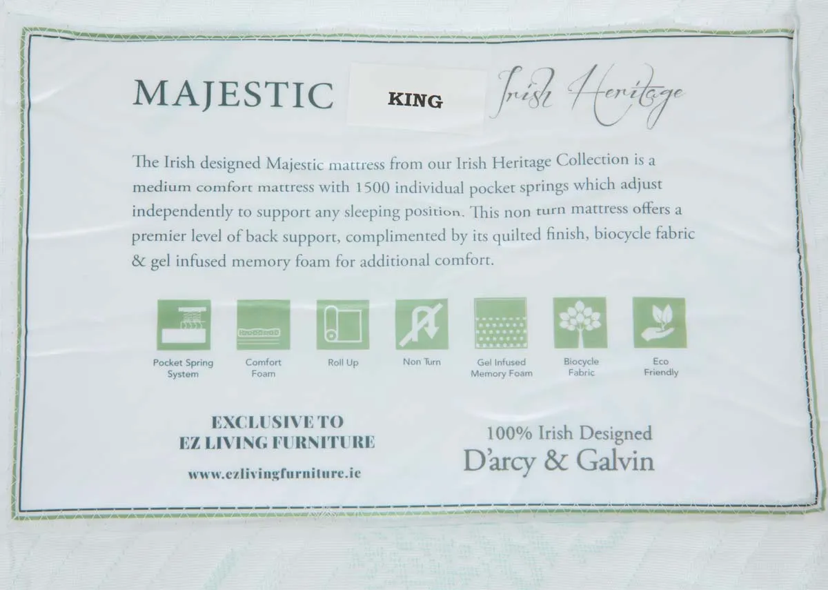 A 6ft mattress from EZ Livings Majestic range. Closeup of Majestic branding detail including comfort rating