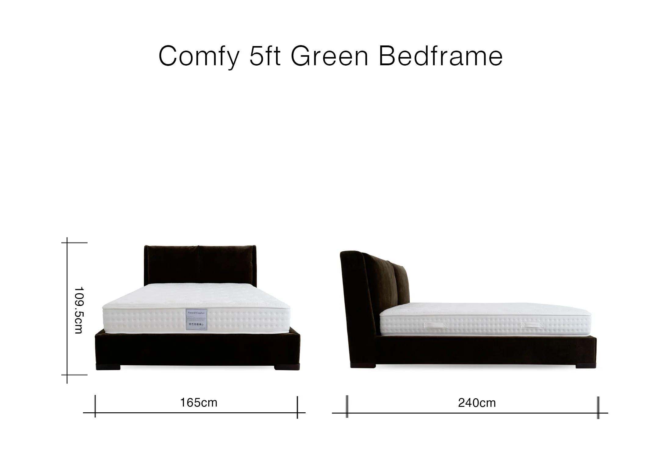 A dimension image of the Comfy Bedframe with 165cm x 240cm x 109.5cm