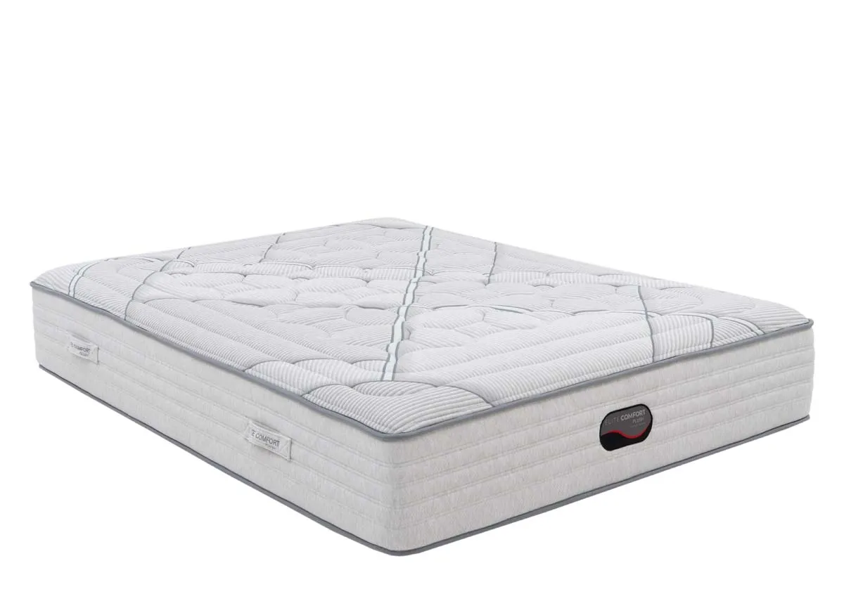 An angled view of the Elite Plush comfort mattress showing thick padded pocket spring mattress.
