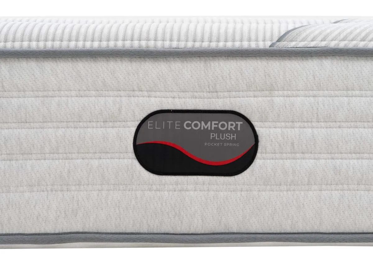 Closeup of the Elite Plush comfort branding