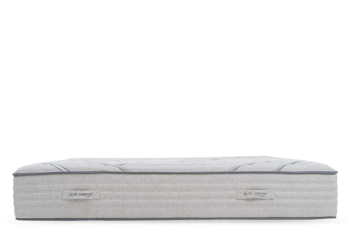 A side view of the Elite Plush comfort mattress showing thick padded pocket spring mattress with handles for tuning.