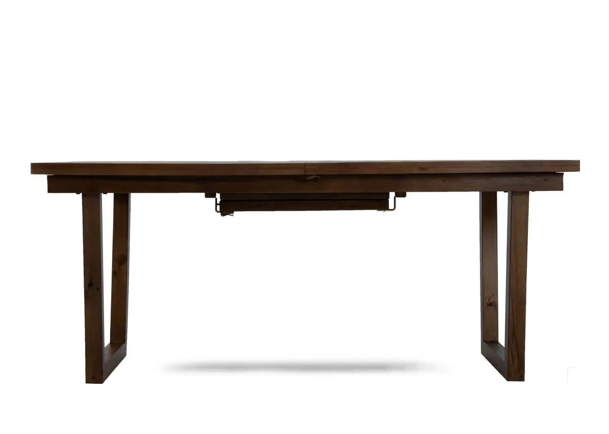 A cashew reclaimed wood dining table from EZ Livings Ladder range.Front view of table extended.