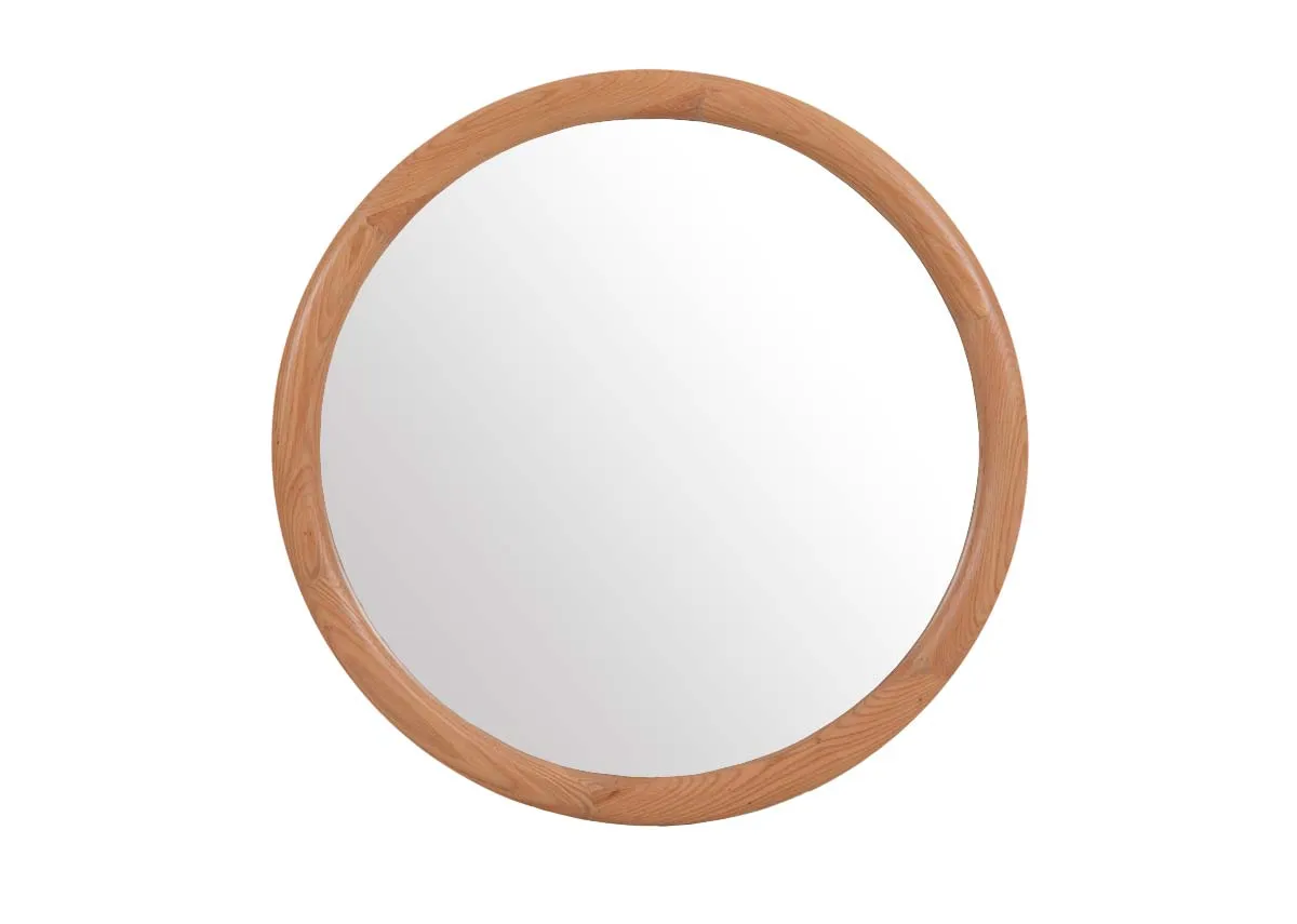 A round oak framed mirror from EZ Livings Furnitures Fisher range. Front view of mirror
