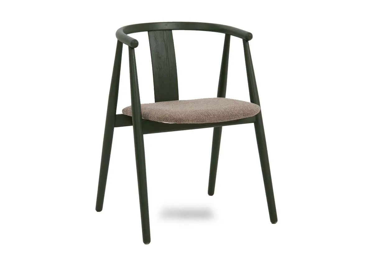A green framed dining chair from EZ Livings Relate range. Angled view of straight back & beige seat cushion.