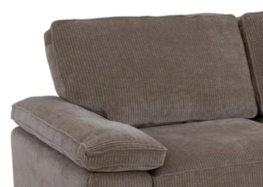 A 3 seater beige sofa in cord fabric from EZ Livings Westport range. Closeup of padded arm cushions