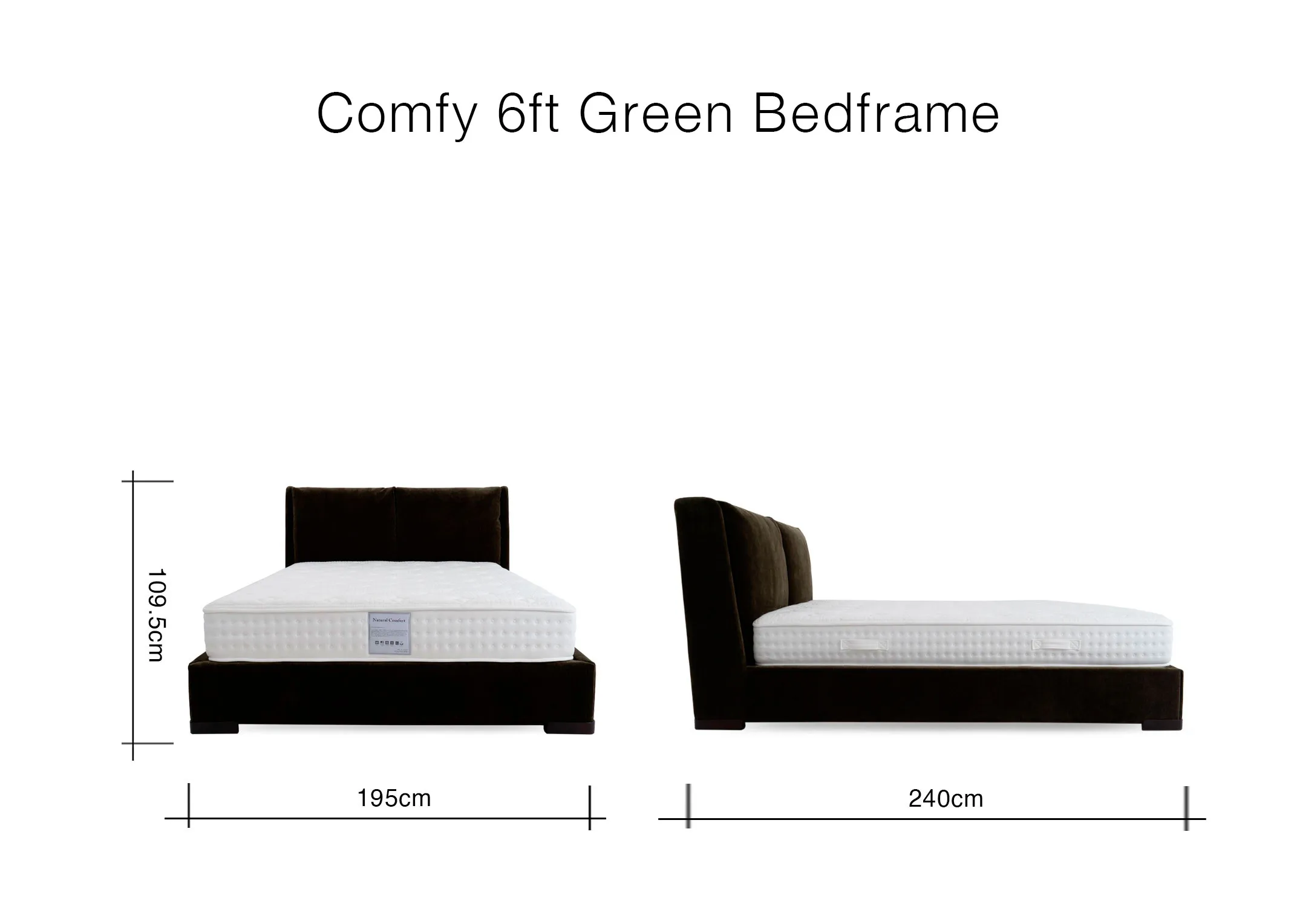 A dimension image of the Comfy Bedframe with 195cm x 240cm x 109.5cm