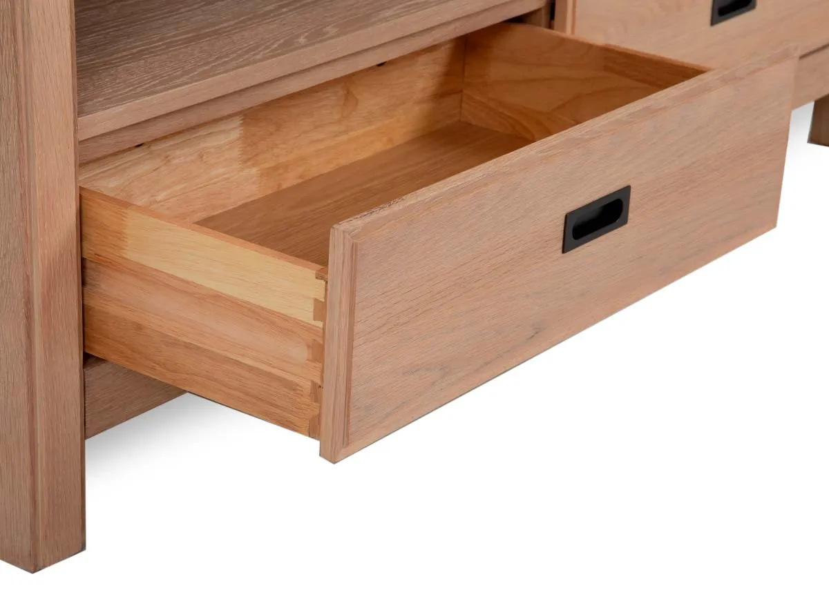A 2 drawer oak TV unit from EZ Livings Albany range. Closeup of drawer and metal handles
