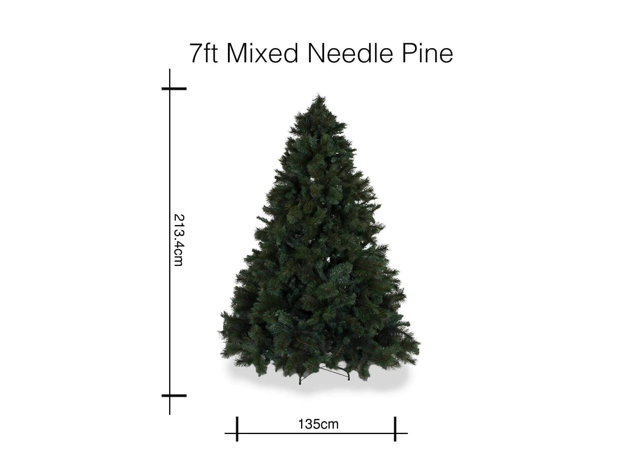 A dimension image for the 7ft mixed needle Christmas tree 213.5cm (Heigth) x 135cm (Width)
