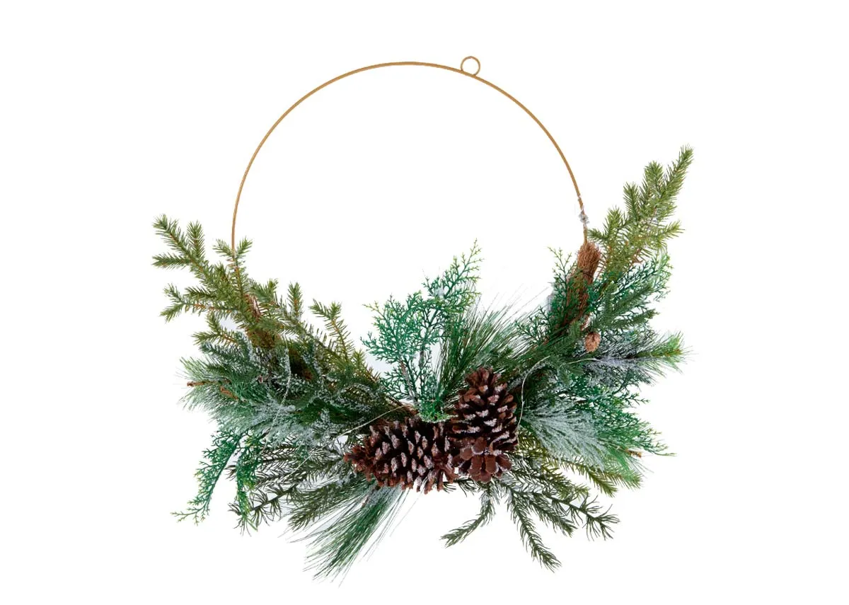Frosted Pine with LED on Gold Ring - Christmas Wreath