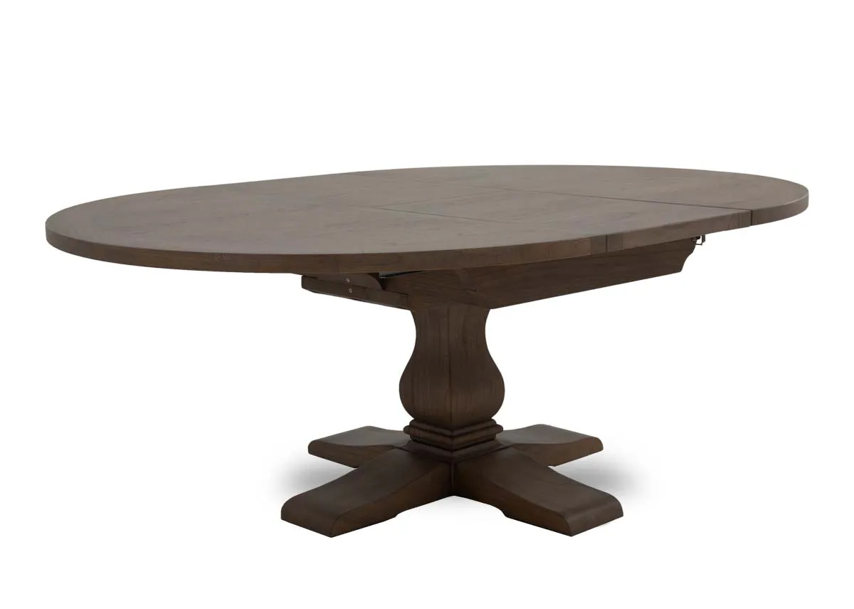 A round grey dining table with extension option from EZ Livings Gold Coast range. Angled view.