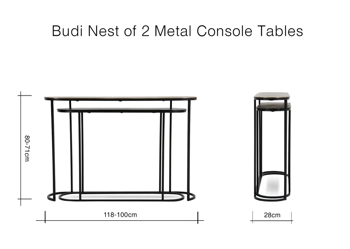 A dimension image of the Budi Nest of Tables with 100-118cm x 28cm x 60cm-70cm
