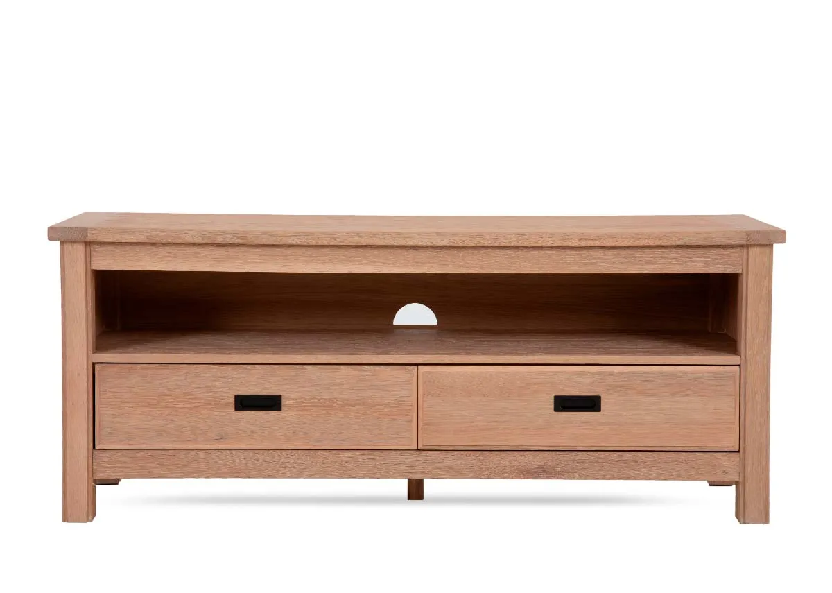 A 2 drawer oak TV unit from EZ Livings Albany range. Front view of shelving space