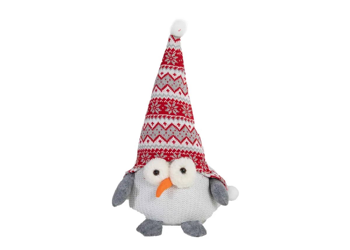A grey soft owl figurine with a tall red & white aztec bobble hat from EZ Livings Christmas range. Front view.