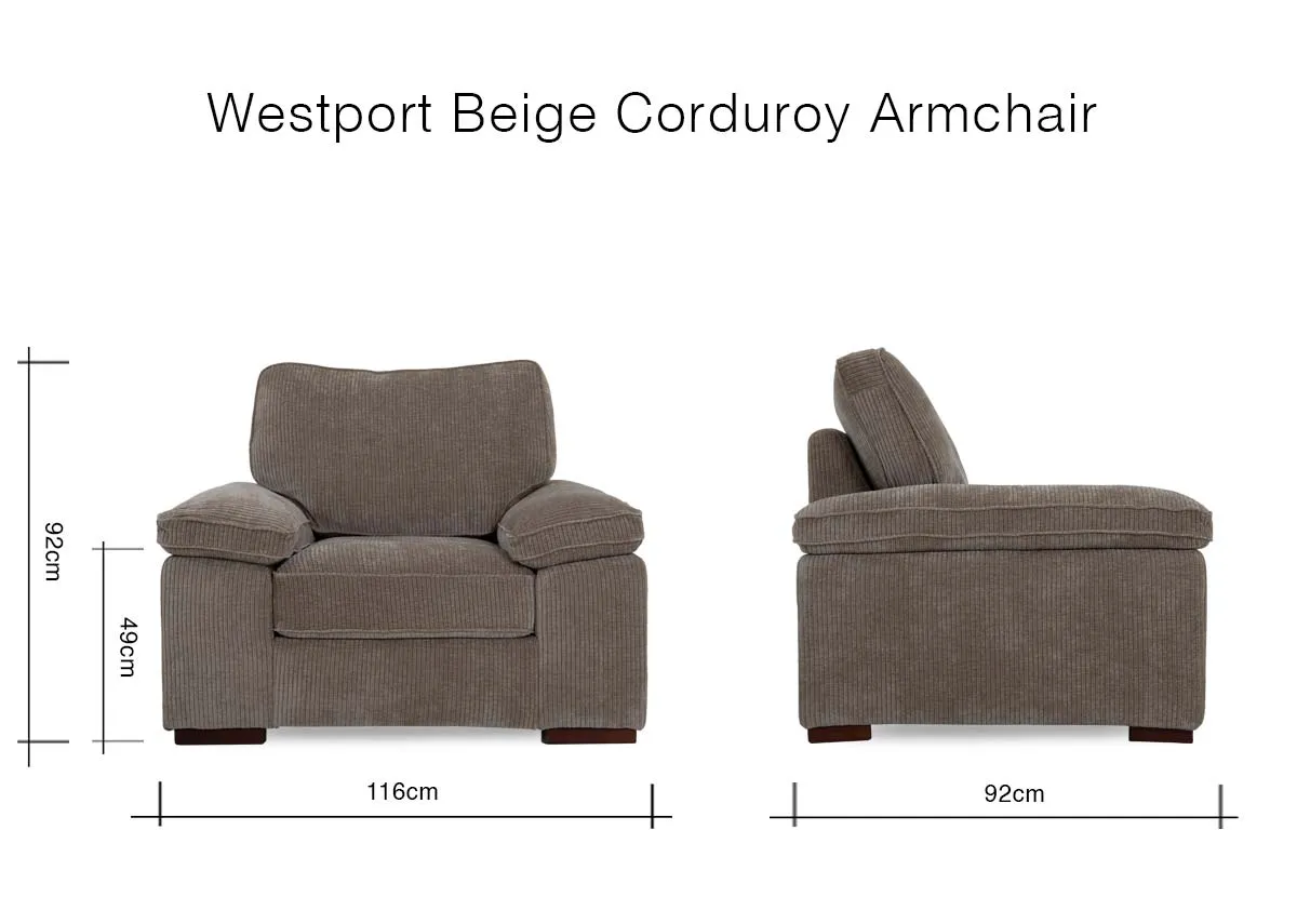 A dimension image of the westport Armchair with 116cm x 92cm x 92cm