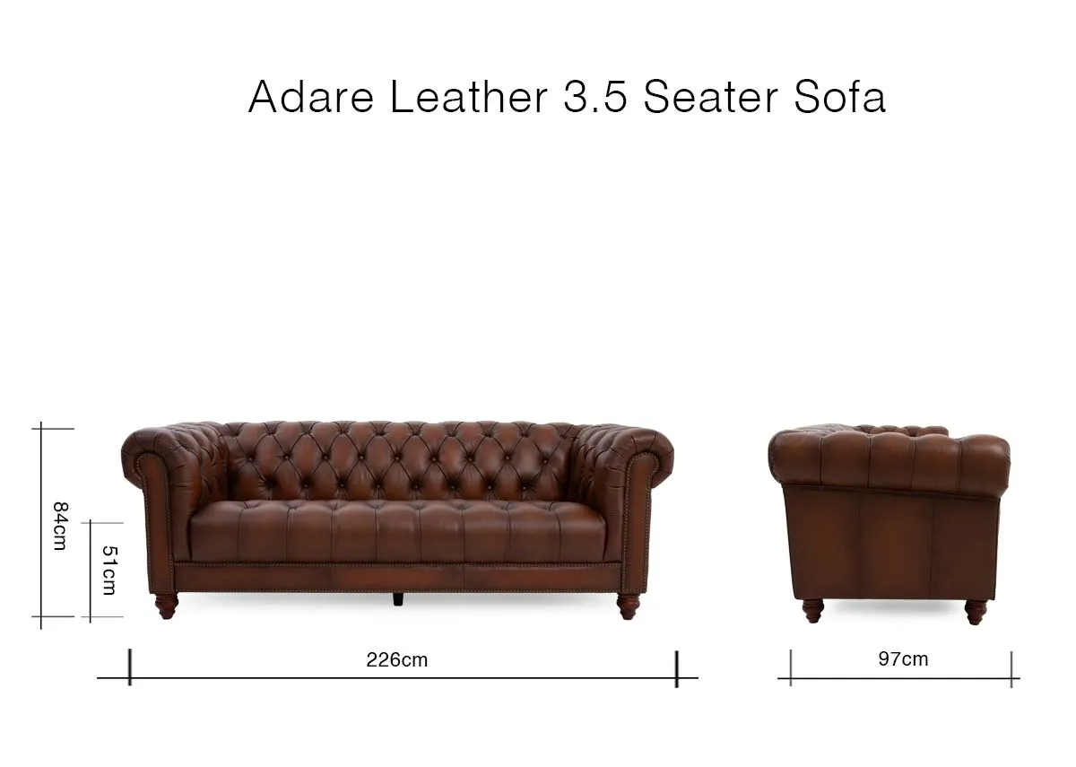 A dimension image of the Adare Leather sofa with 225cm x 97cm x 84cm